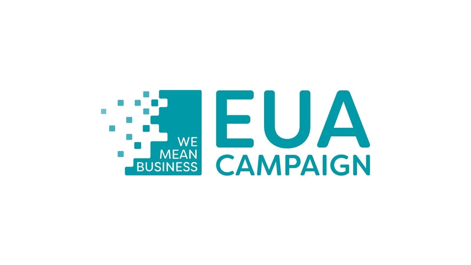 A turquoise box with the words "WE MEAN BUSINESS". The side of the box is gone and a series of smaller boxes are coming away from the main box. Next to this is the words "EUA CAMPAIGN" in turquoise.