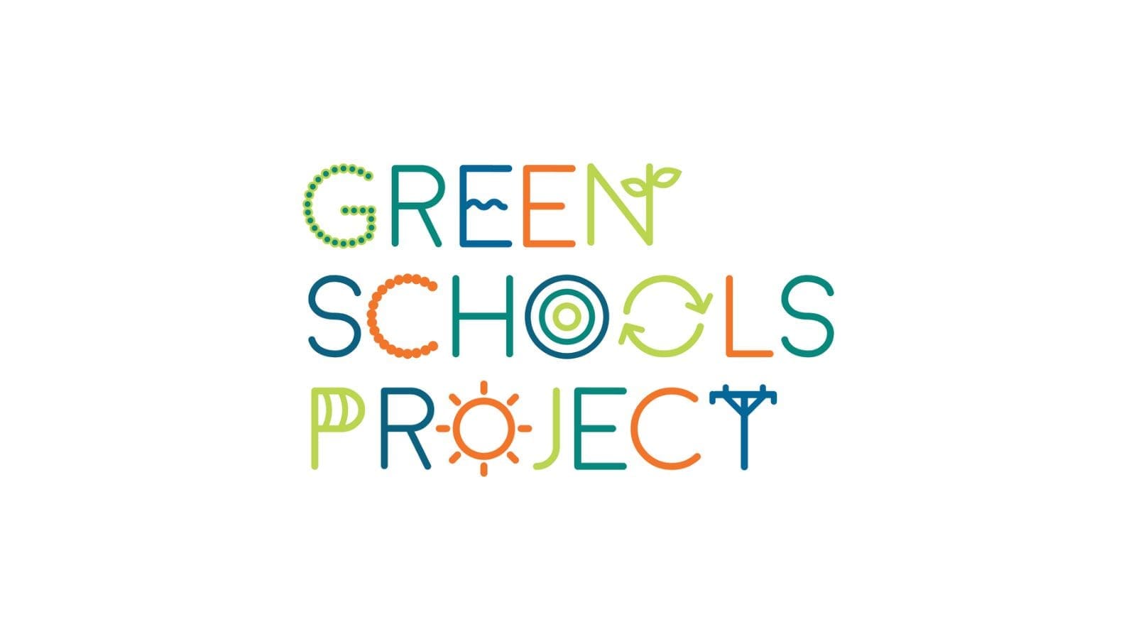 The words "Green Schools project" with all of the letters in either green, blue, orange or turquoise. Some of the letters are replaced with objects, with the "T" instead being a telegraph poll and the "O" being a sun.