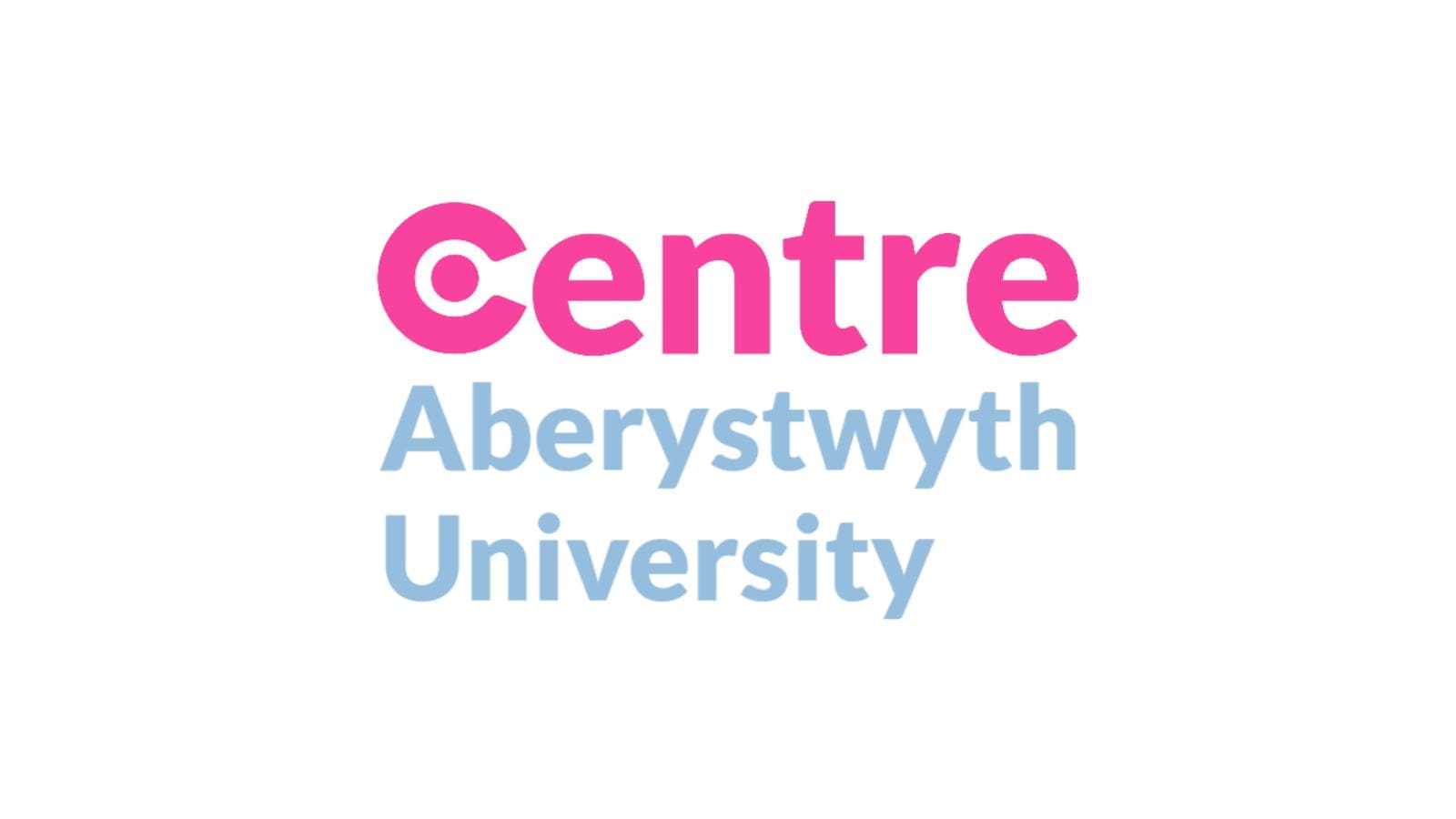 The Centre logo in pink with the words "Aberystwyth University" in blue writing.