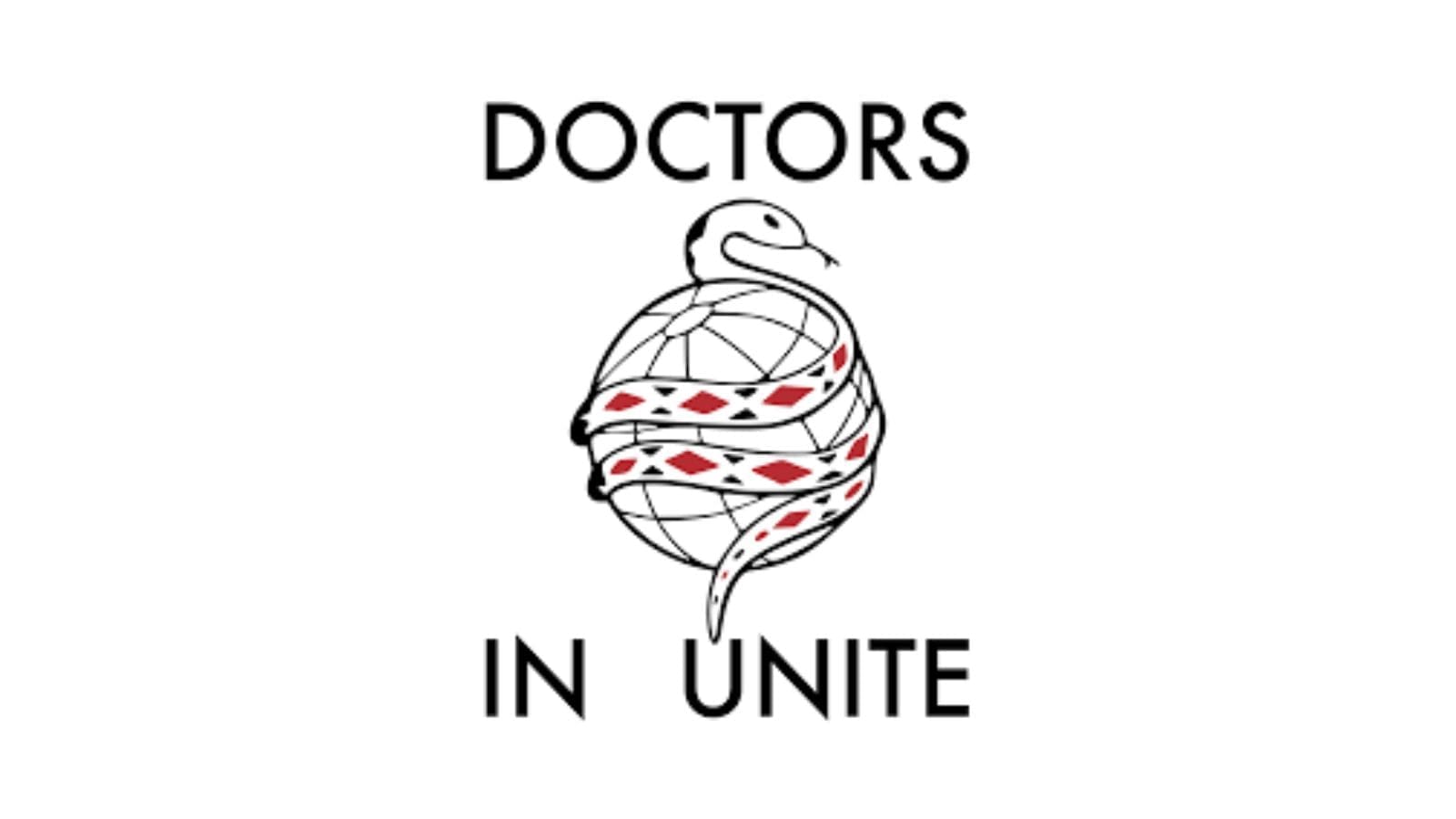The word "DOCTORS" and underneath is a snake with red and black patches around a globe. Under this is the words "IN UNITE".
