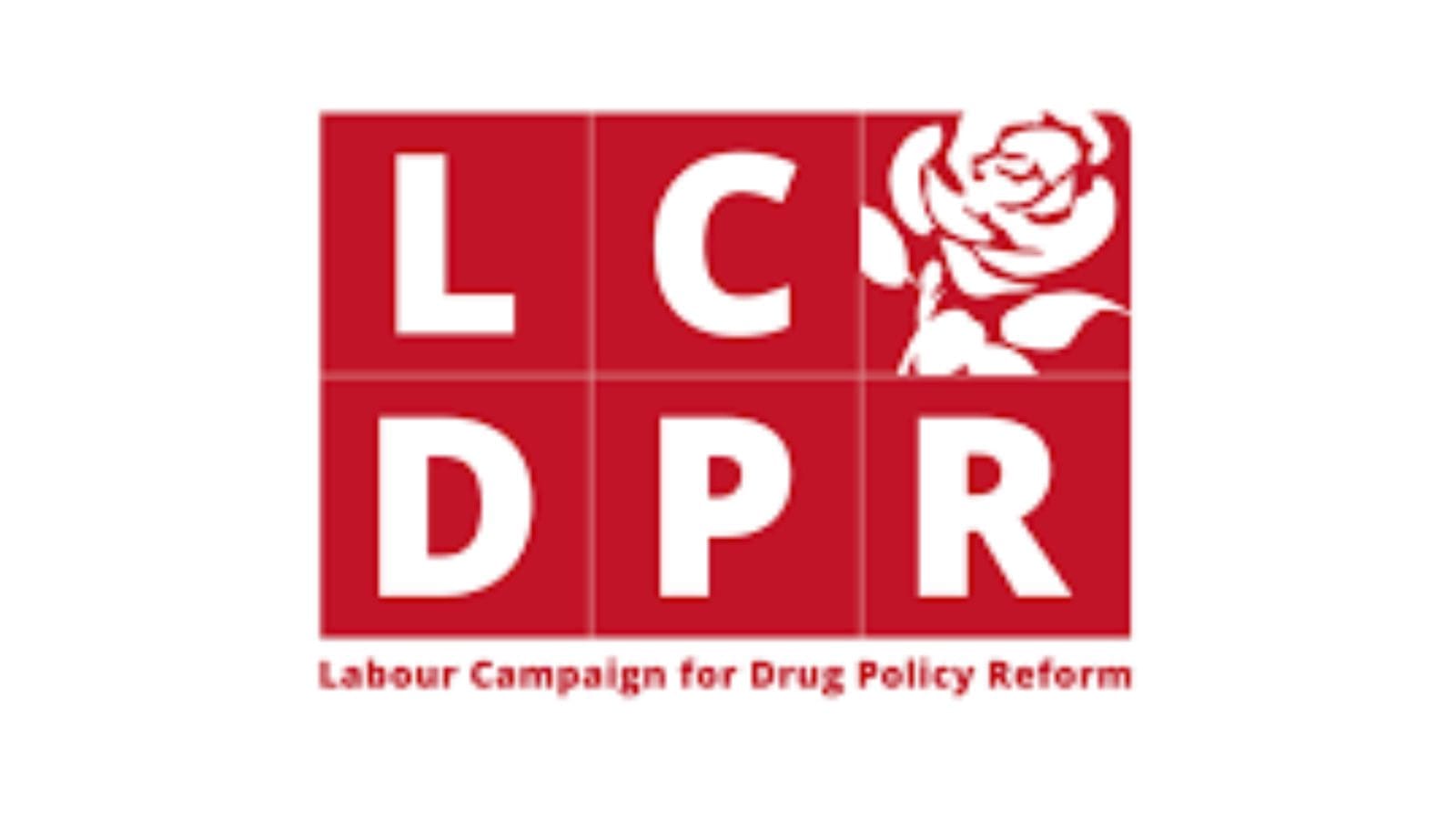 The Letters "LCDPR" with a Labour rose between the "C" and the "D". Each letter is in its own red square. Under this is the words "Labour Campaign for Drug Policy Reform" in red.