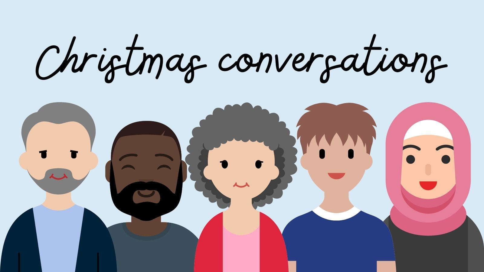 The word "Christmas conversations" in black handwriting. Below this are five people.