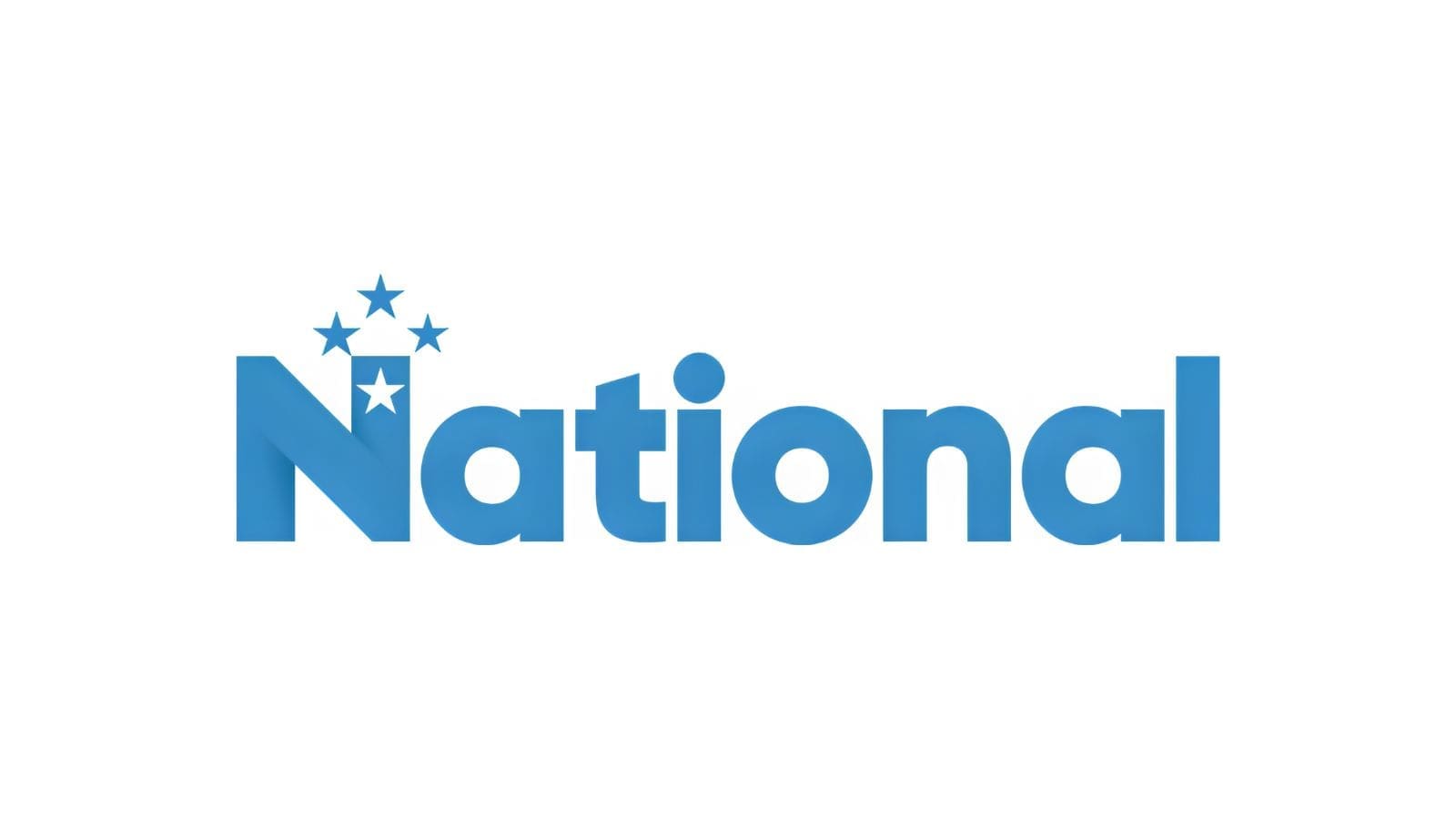 The word "National" in blue with four stars above the blue star.