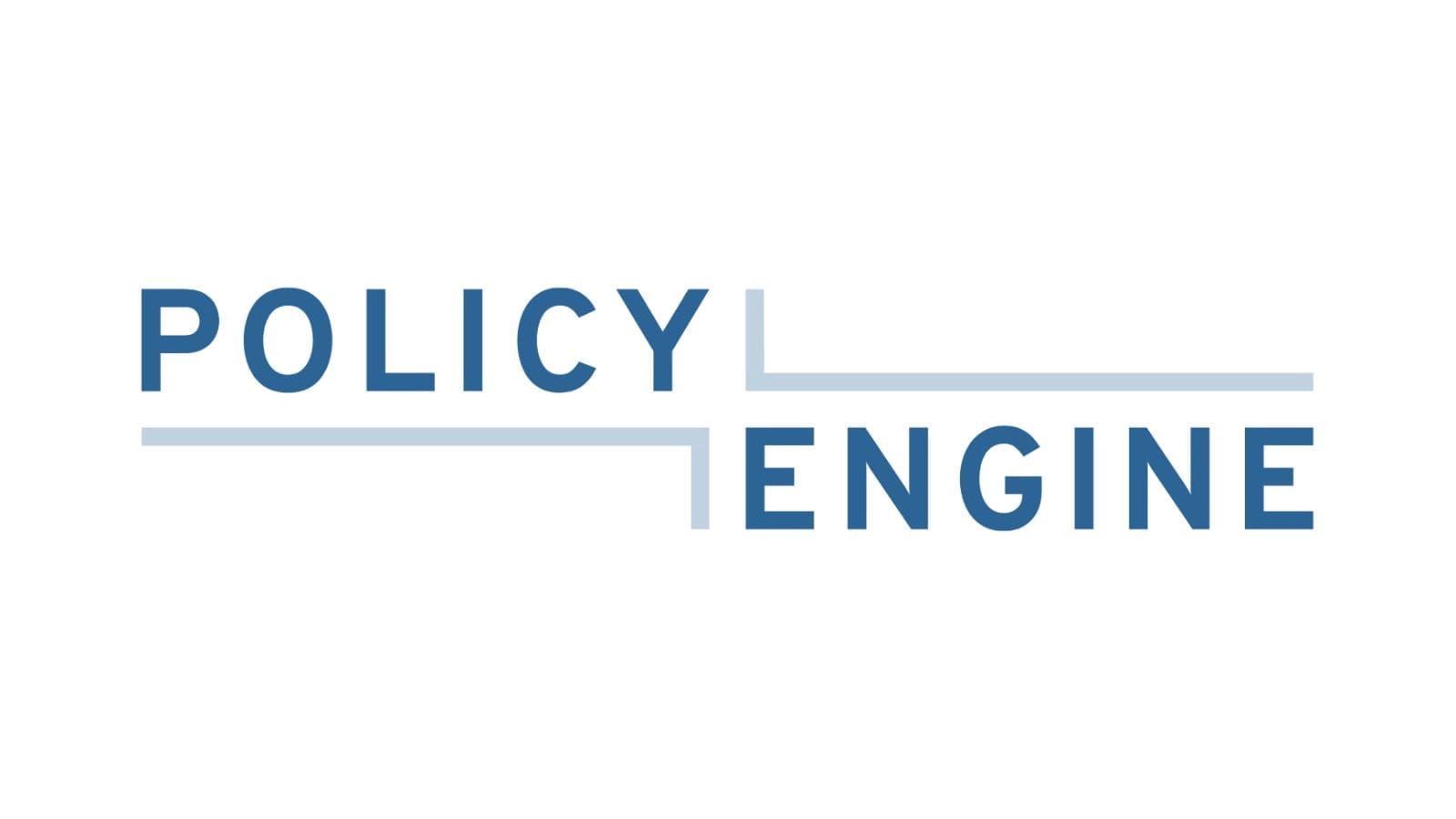 The words "POLICY ENGINE" in blue with two angled lines beside the words.
