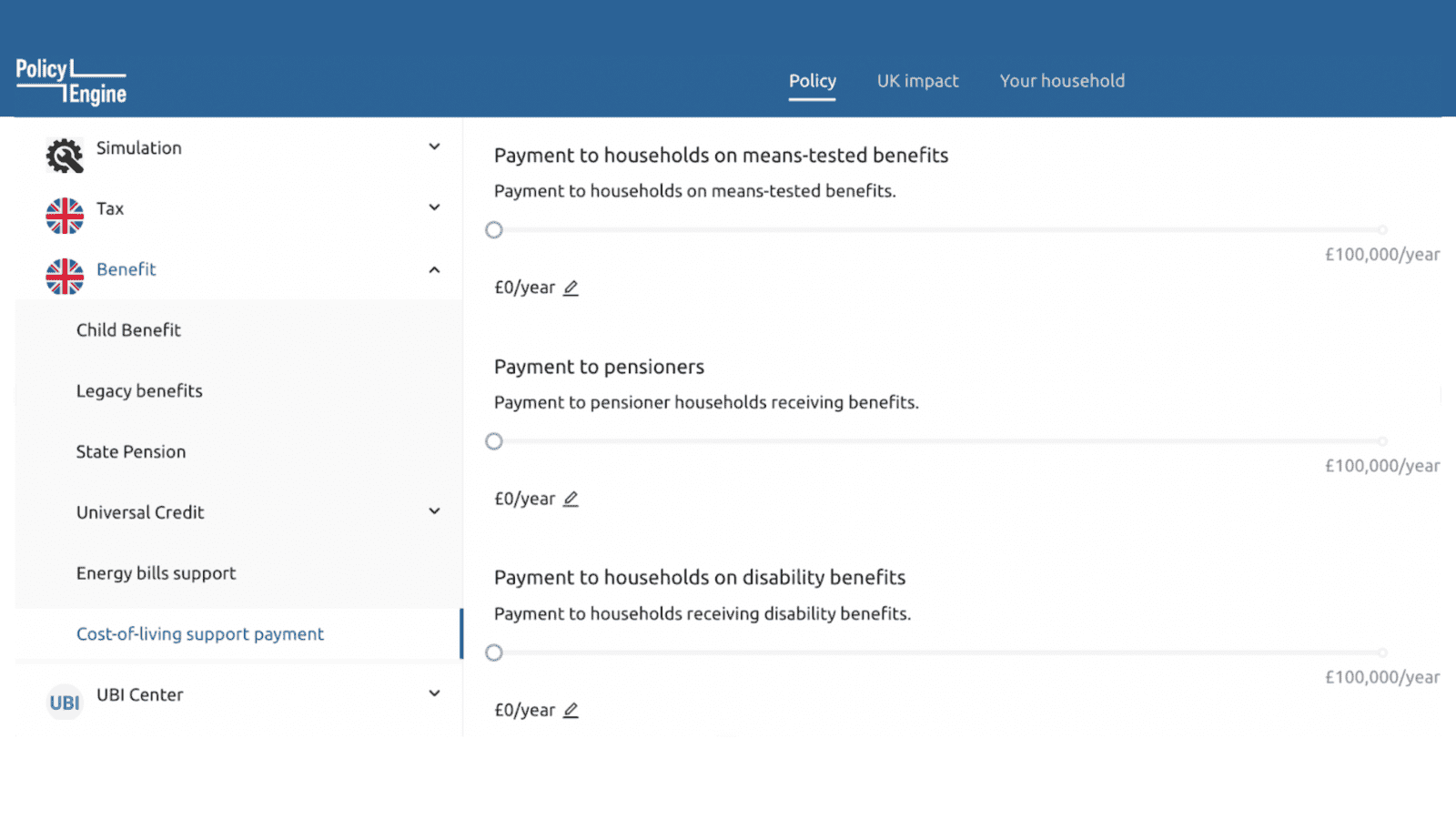 Website page showing "Payment to households on means-tested benefits", "Payment to pensioners" and "Payment to households on disability benefits"