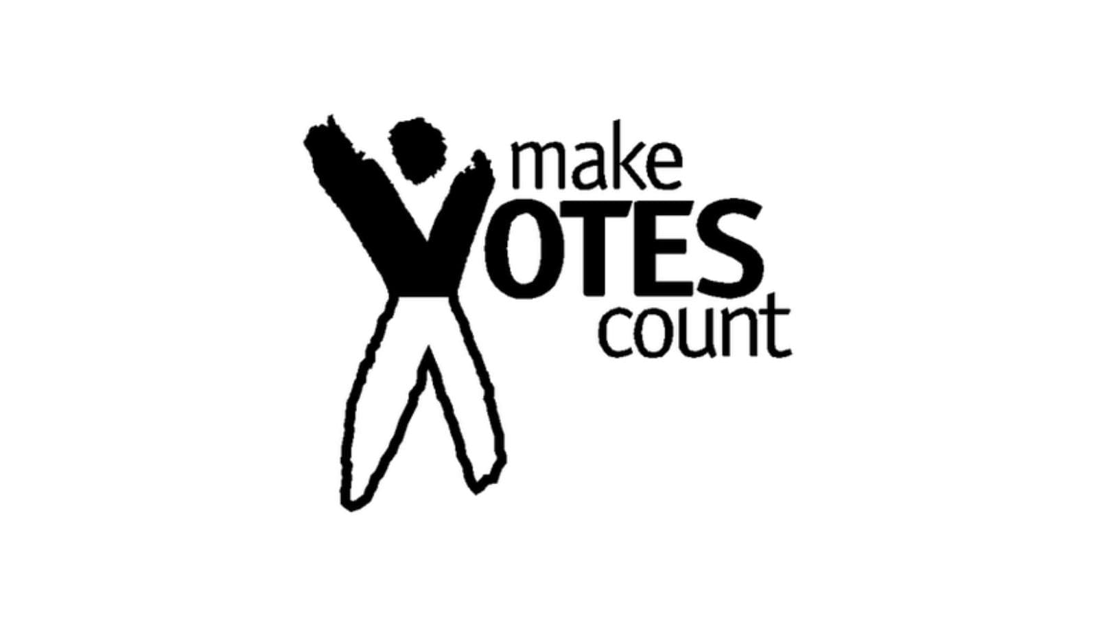 The words "Make Votes Count" in black writing on a white background. The "V" in "Votes" is part of a larger "X" with a dot at the top making the outline of a person.