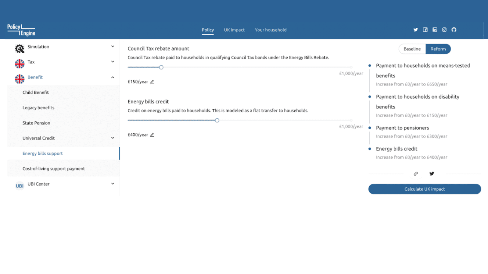 Website page showing "Council tax rebate amount" and "Energy bills credit"