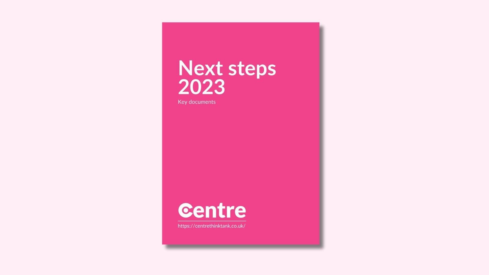 A light pink background with a pink page cover. On the cover in white letters is "Next steps 2023" and under this is "Key documents". at the bottom of the document cover is the Centre logo and the website address "https://centrethinktank.co.uk".
