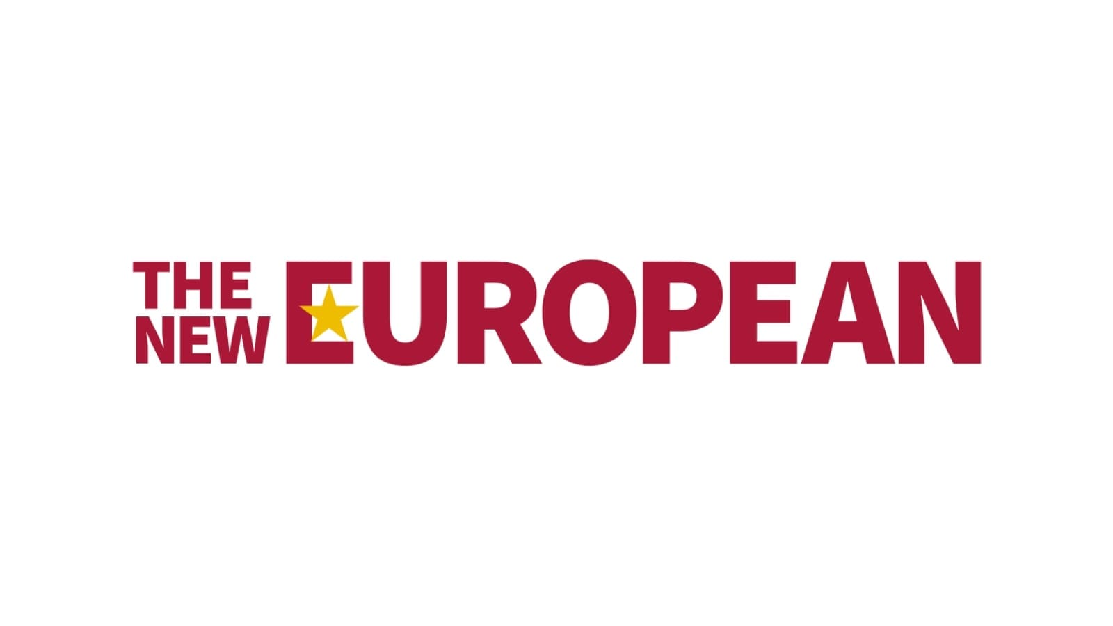 The words "The New European" in dark red with a yellow star making up the middle line of the "E" in "European". This is against a white background.