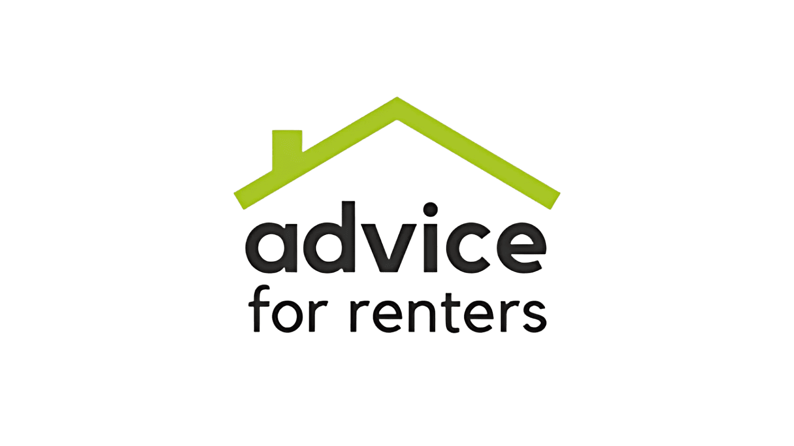A white background with the words "advice for renters" in black writing. On top of this is a green outline of a roof.