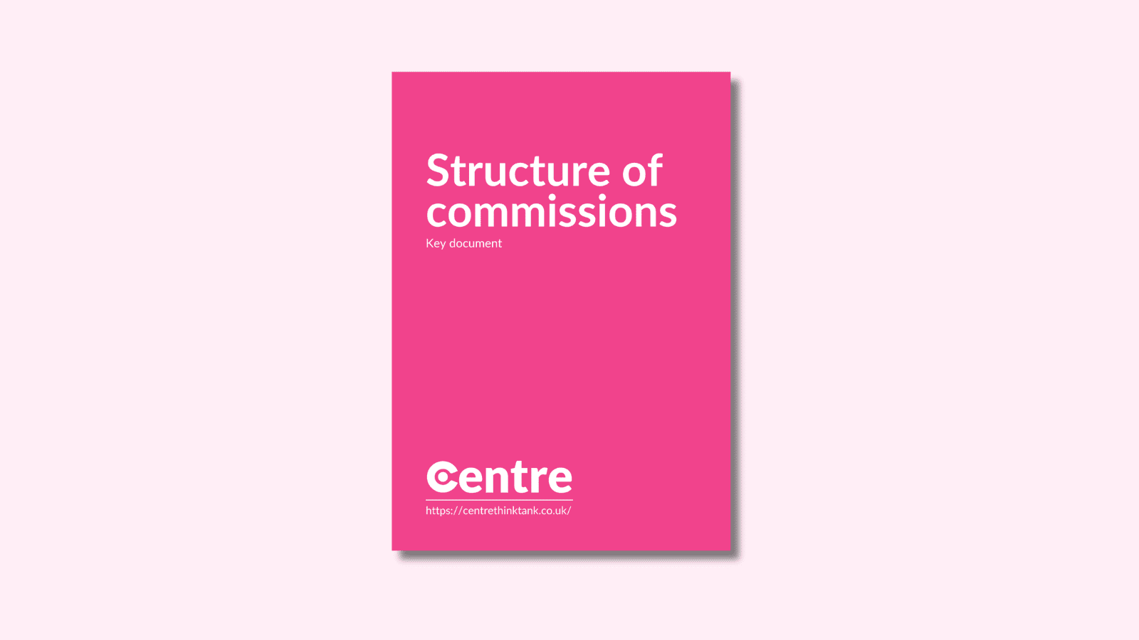 A light pink background with a document cover in pink. On the cover is the title "Structure of commissions" with the sub-title "Key document". Below this is the Centre logo in white, a white line and the website "https://centrethinktank.co.uk".