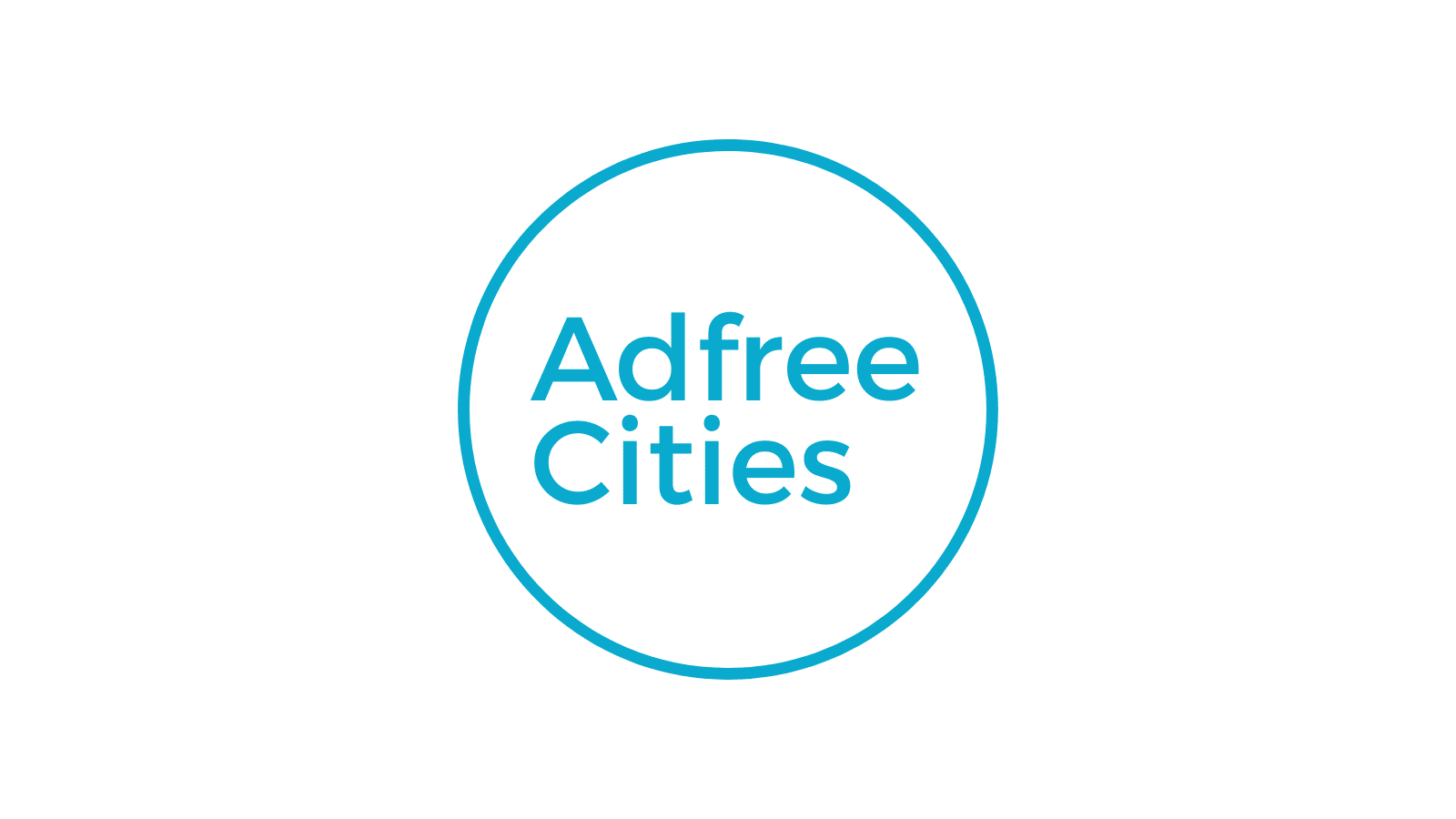 A turquoise circle with the words "Adfree Cities".