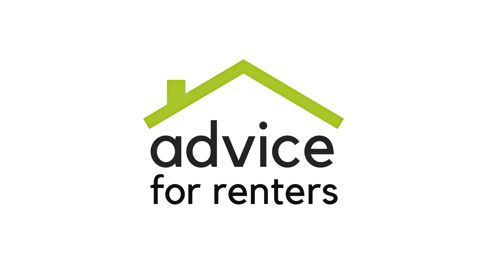 A white background with the words "advice for renters" in black writing. On top of this is a green outline of a roof.