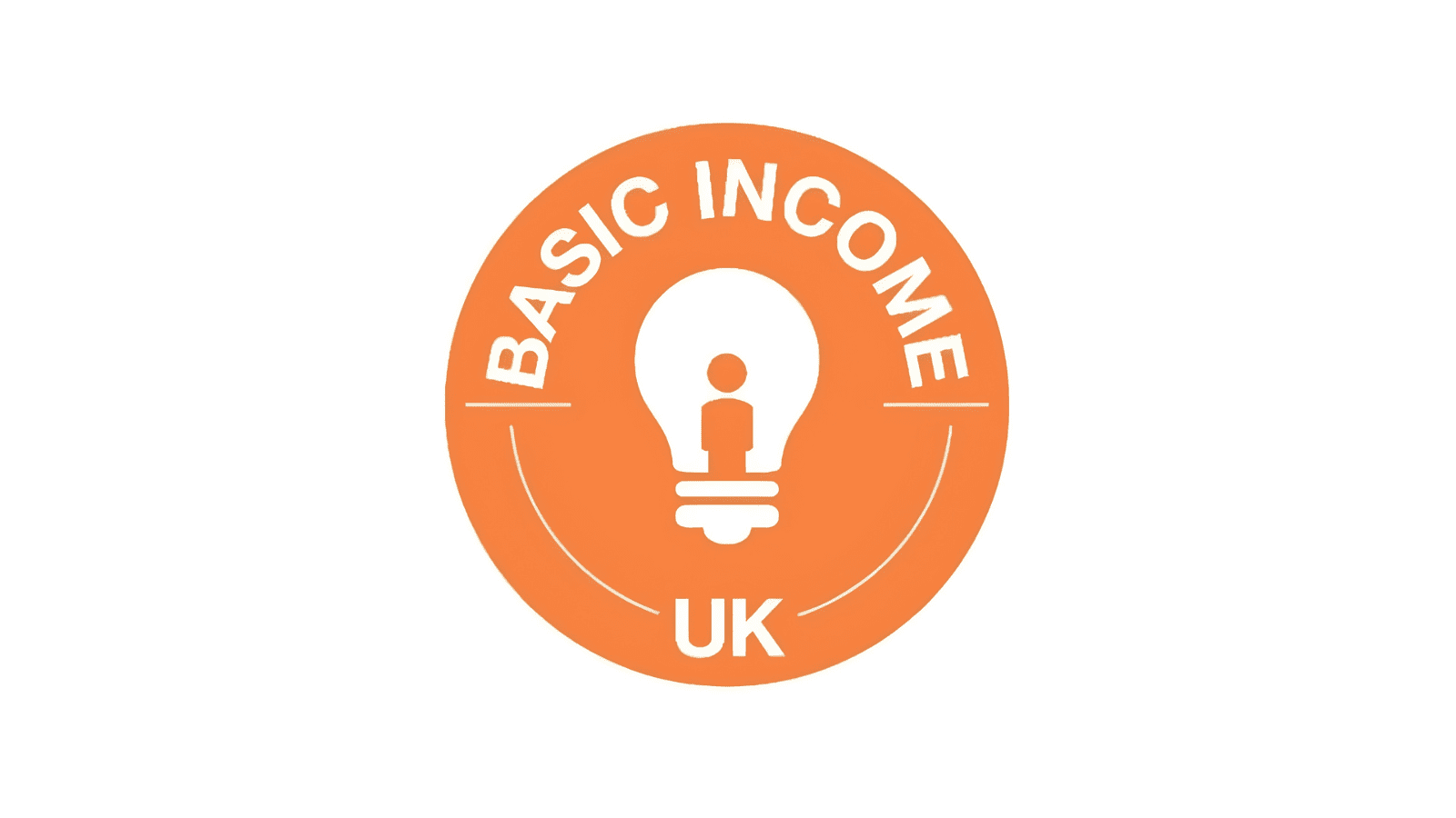 An orange circle with the words "BASIC INCOME UK" around the inside. In the middle is a lightbulb with the outline of a person inside.