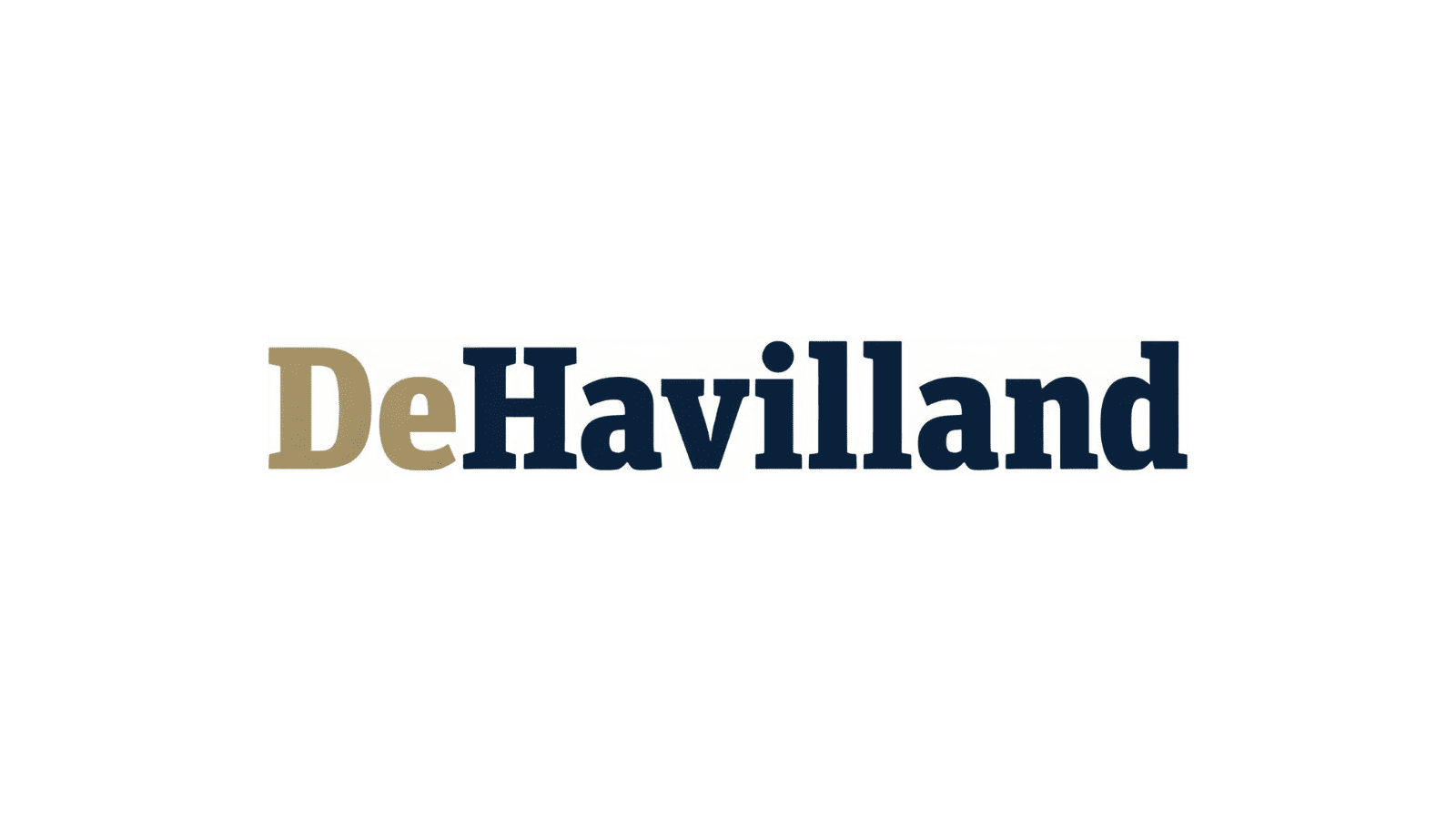 A white background with the words "DeHavilland" where the first two letters are in gold and the rest of the word is dark blue.