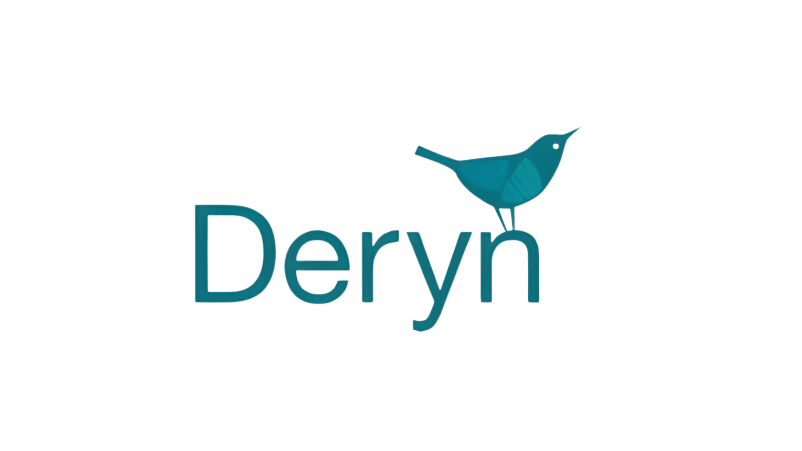 A white background with the word "Deryn" and a bird sitting on top of the word n turquoise.