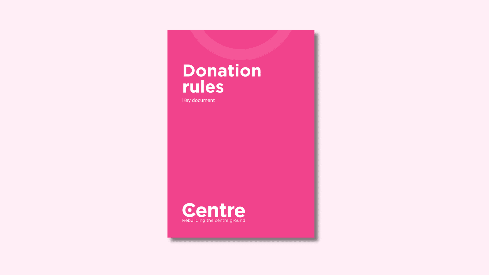 A light pink background with a document cover in pink. On the cover is the title "Donation rules" with the subtitle "Key document". At the bottom of the document cover is the Centre Think Tank logo and “Rebuilding the centre ground" underneath.