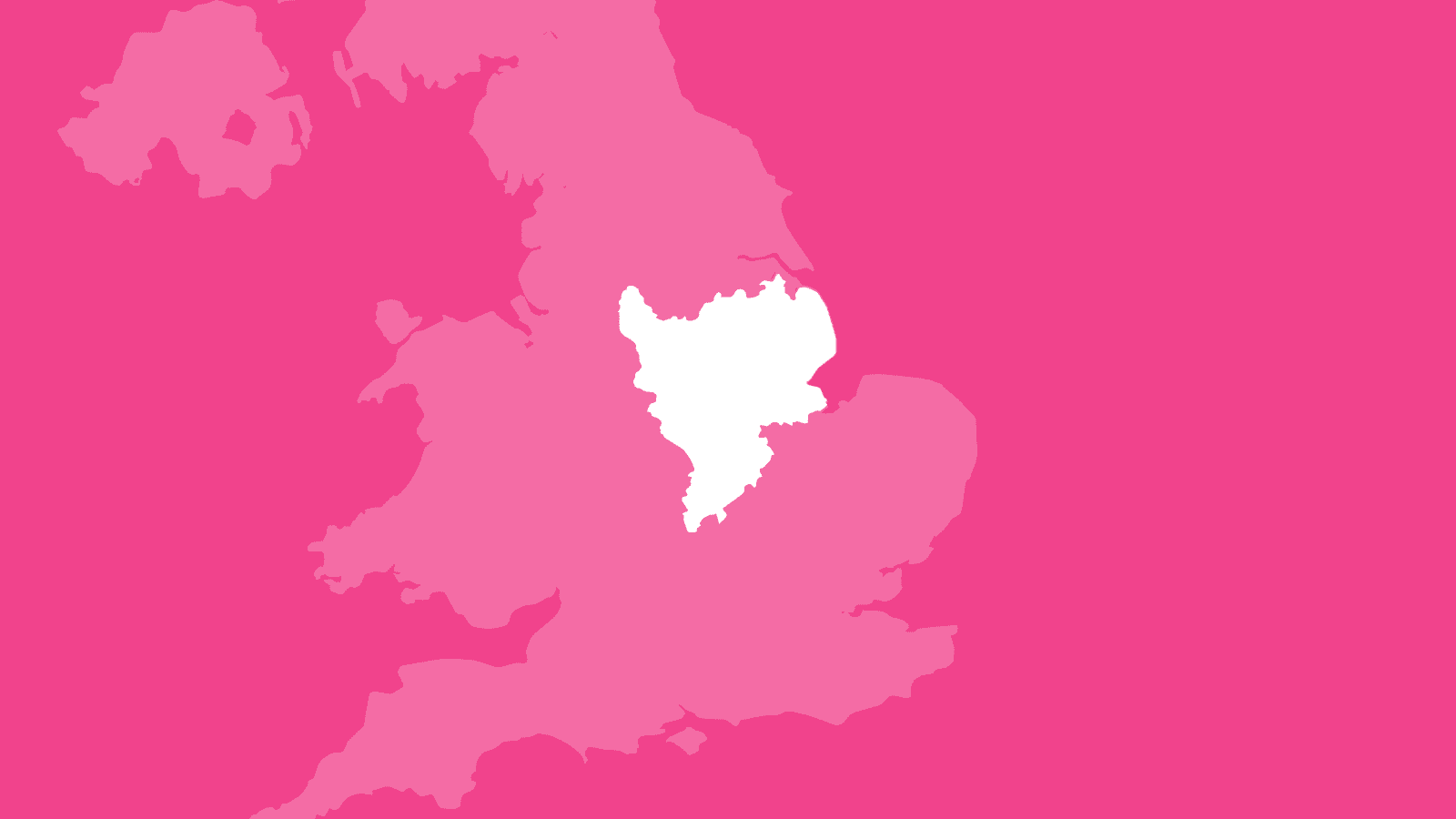 A pink background featuring a white outline of the East Midlands region of England. The region is highlighted against a faint, pale-white map of the United Kingdom to show its location within the UK as a whole.