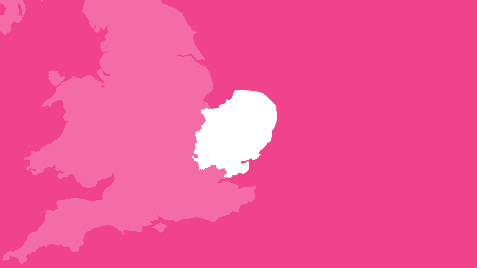 A pink background featuring a white outline of the East of England. The region is highlighted against a faint, pale-white map of the United Kingdom to show its location within the UK as a whole.