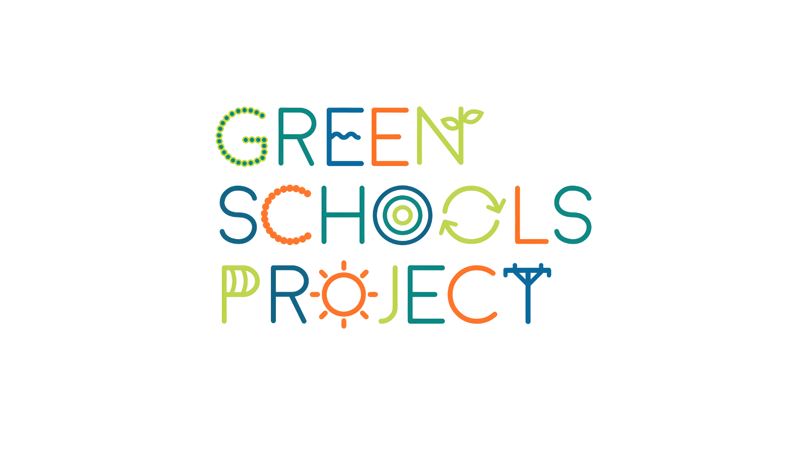 The words in green, orange and blue "Green Schools Project". These words are turned into different symbols such as a sun, recycle symbol and a power line.
