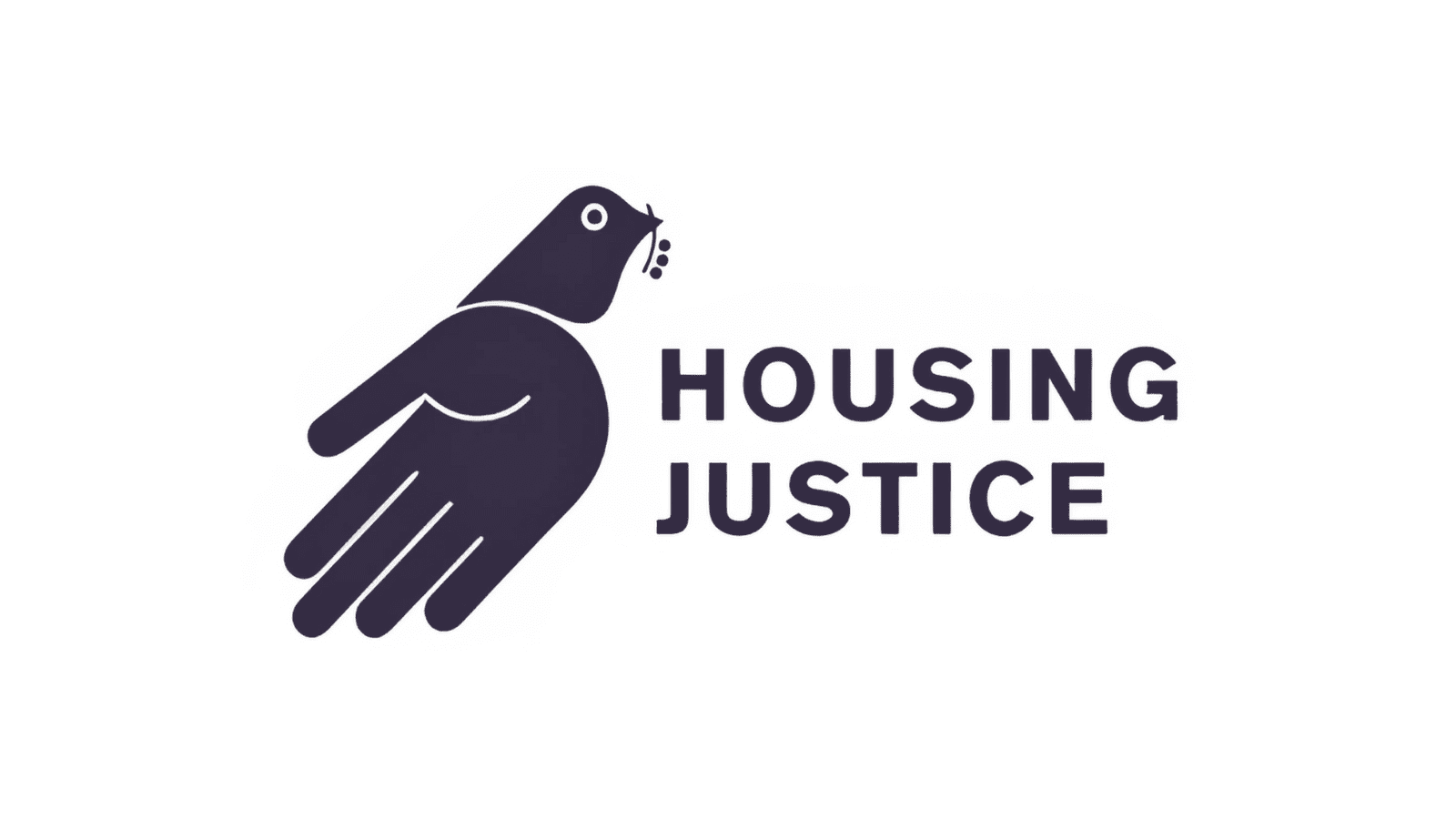 A white background with the words "Housing Justice" and next to this is a hand with a bird emerging from the top.