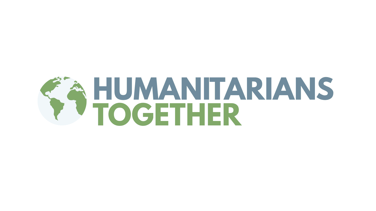 A globe with light blue water and green land. Next to this are the words "HUMANITARIANS" in dark blue and in green the word "TOGETHER".