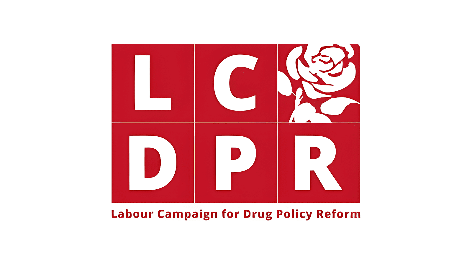 The Letters "LCDPR" with a Labour rose between the "C" and the "D". Each letter is in its own red square. Under this is the words "Labour Campaign for Drug Policy Reform" in red.