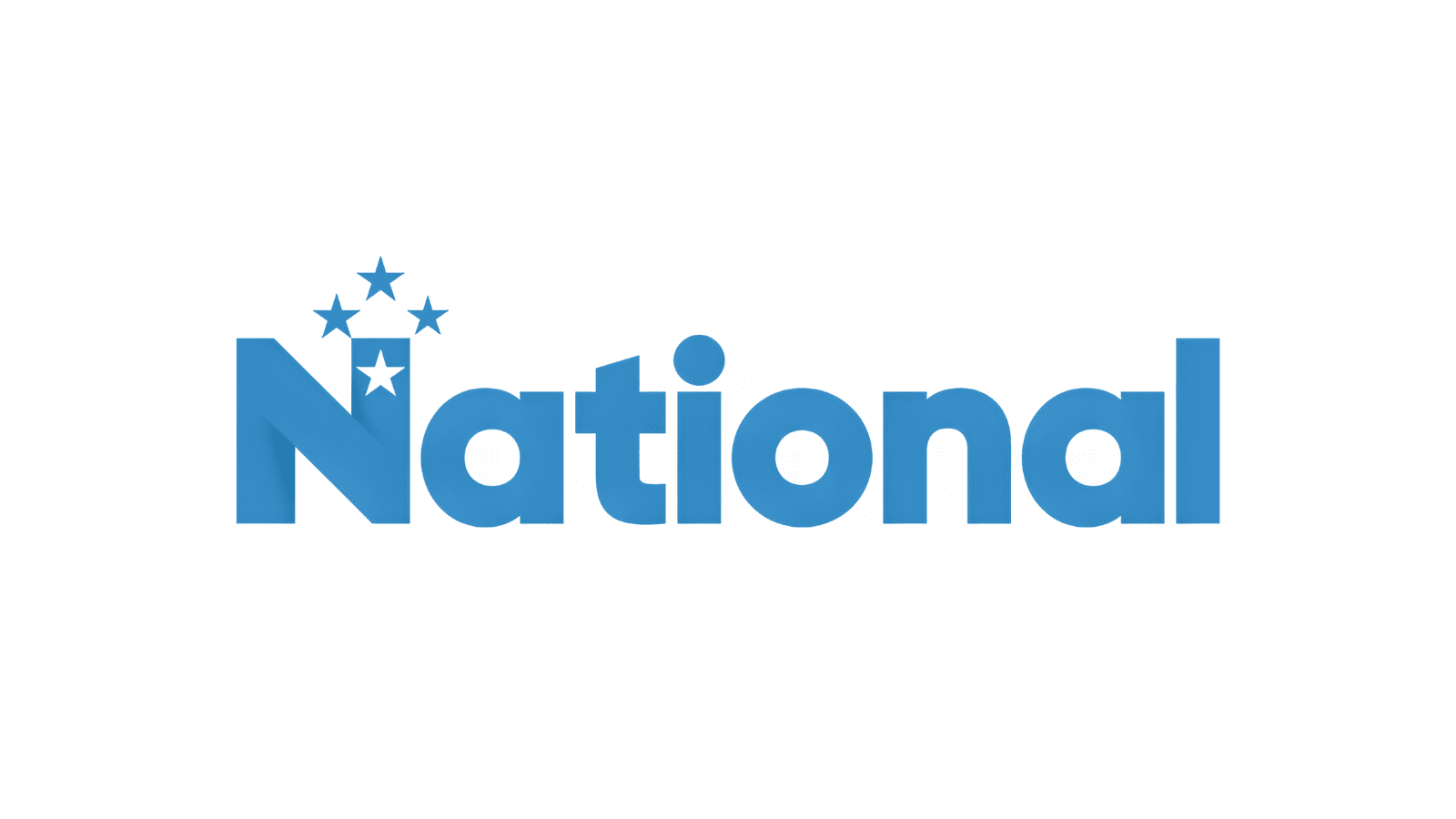 The word "National" in blue with four stars above the blue star.