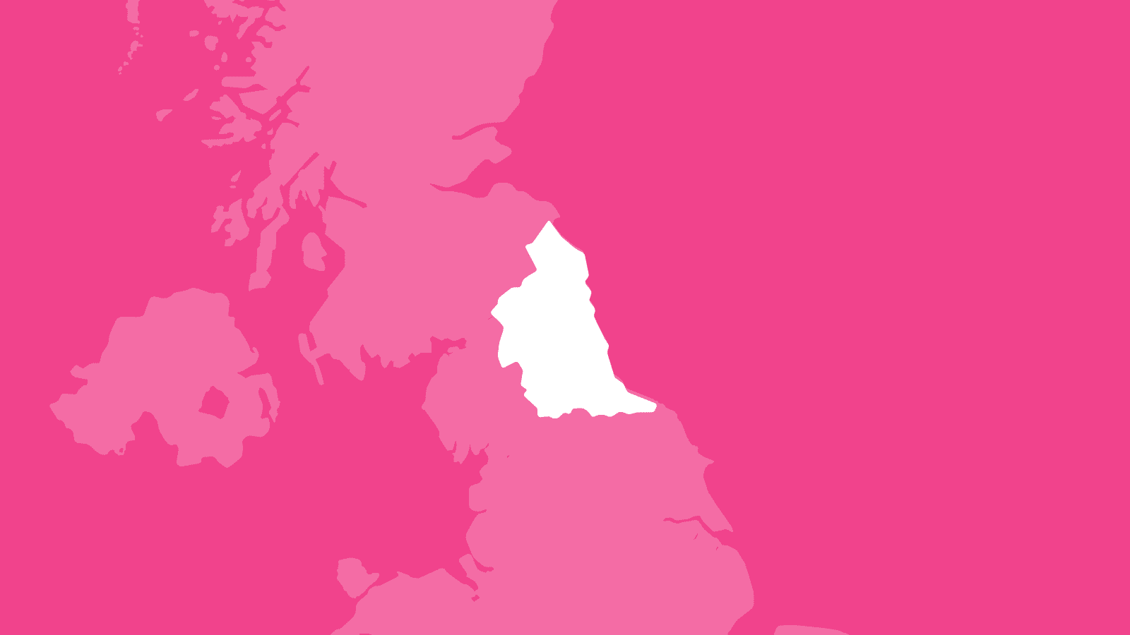 A pink background featuring a white outline of the North East of England. The region is highlighted against a faint, pale-white map of the United Kingdom to show its location within the UK as a whole.