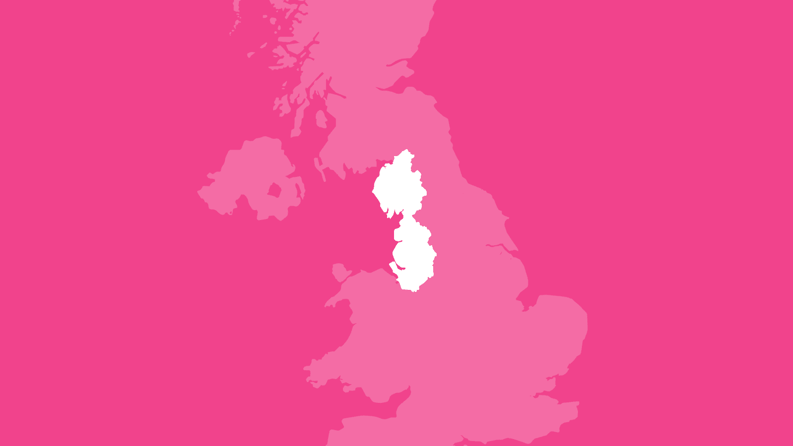 A pink background featuring a white outline of the North West of England. The region is highlighted against a faint, pale-white map of the United Kingdom to show its location within the UK as a whole.