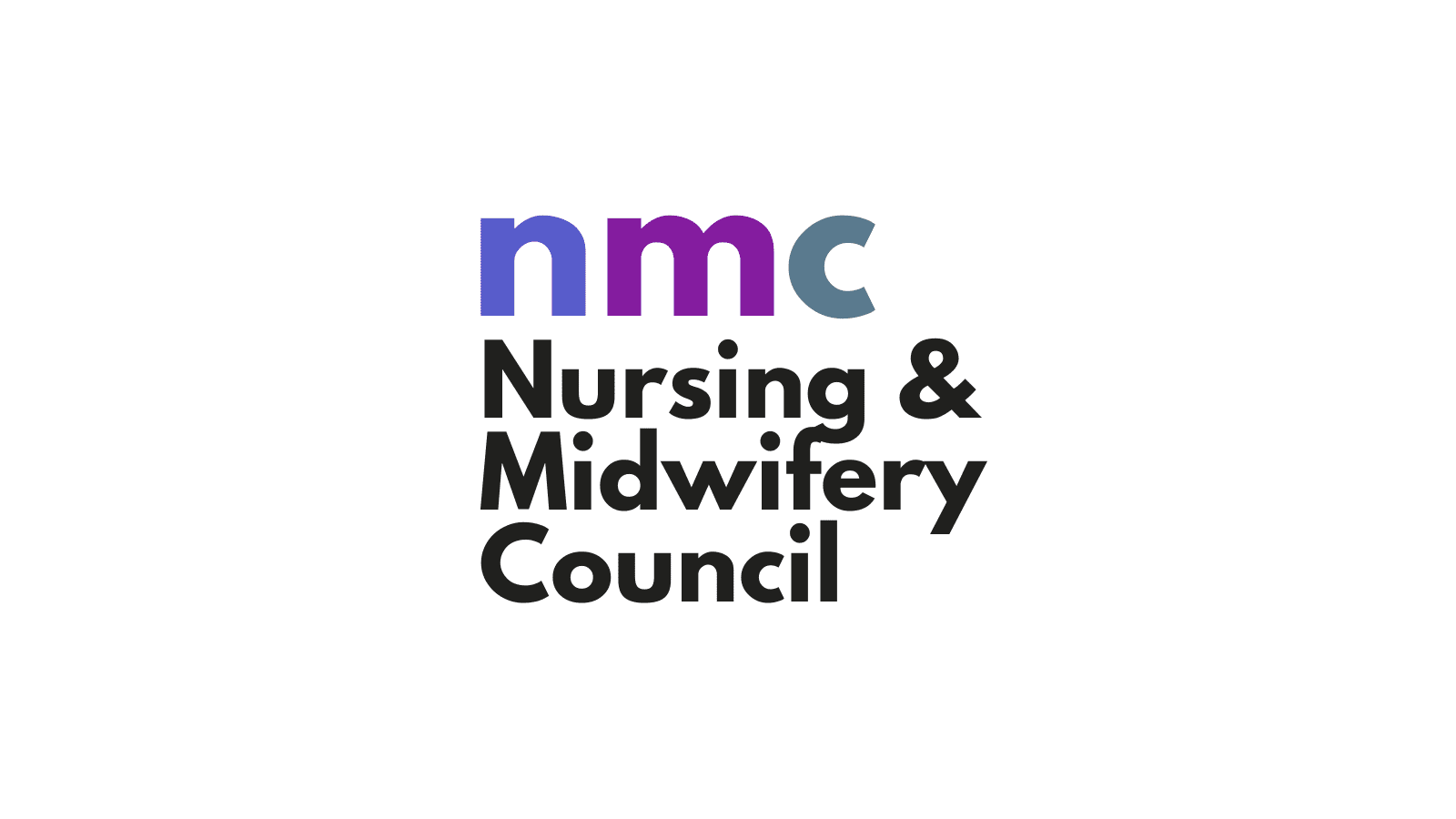 A white background with the words "nmc" with each letter in blue, purple and grey. Below this are the words "Nursing & Midwifery Council".