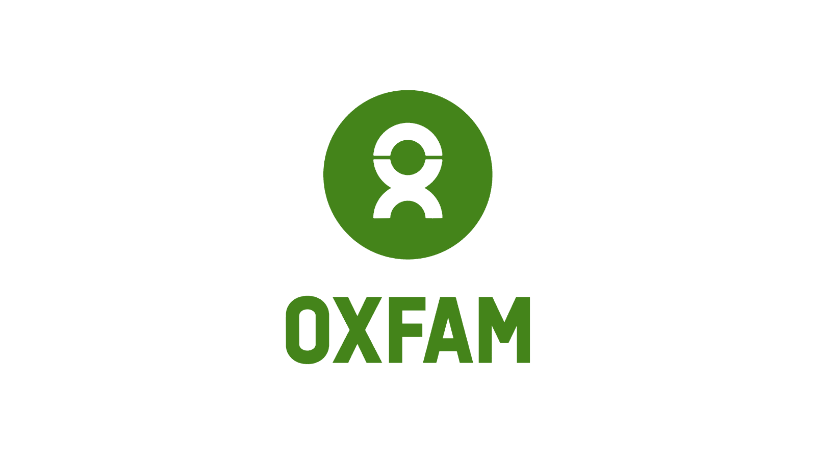 A white background with a dark green circle on with the outline of a circle and half circle inside. Below this is the name "Oxfam" in dark green.