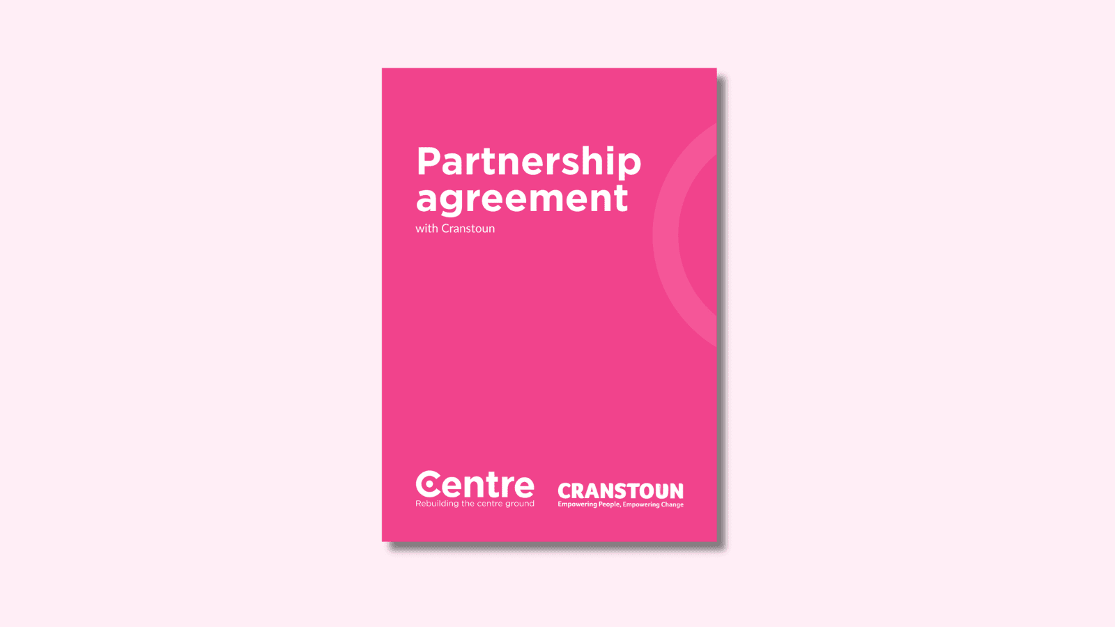 A light pink background with a document cover in pink. On the cover is the title "Partnership agreement" and under this the words "with Cranstoun". At the bottom of the document cover is the Centre Think Tank logo and “Rebuilding the centre ground" underneath.