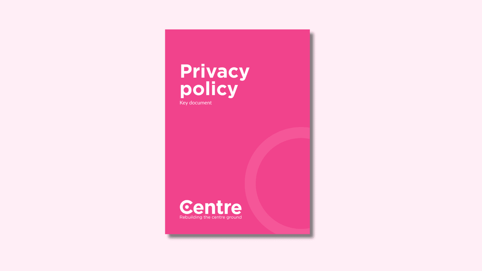 A light pink background with a pink page cover. On the cover in white letters is "Privacy policy" and under this is "Key documents". At the bottom of the document cover is the Centre Think Tank logo and “Rebuilding the centre ground" underneath.