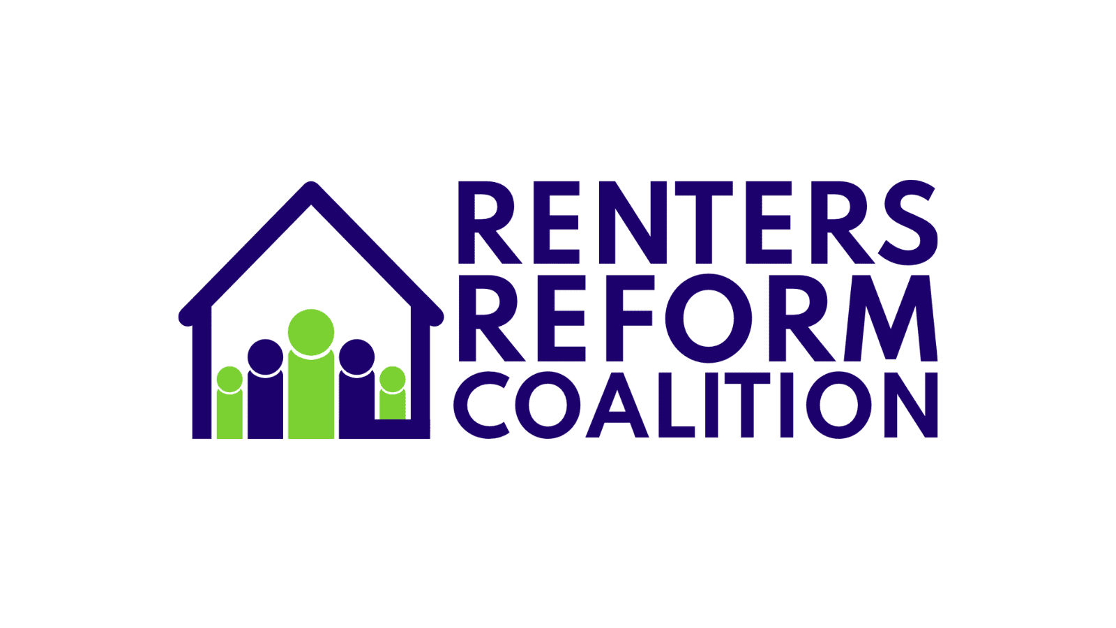 A white background with a house in dark blue on. Inside the drawing of a house are the outlines of five people coloured in either dark blue or green. Next to the house in dark blue are the words "Renters reform coalition".