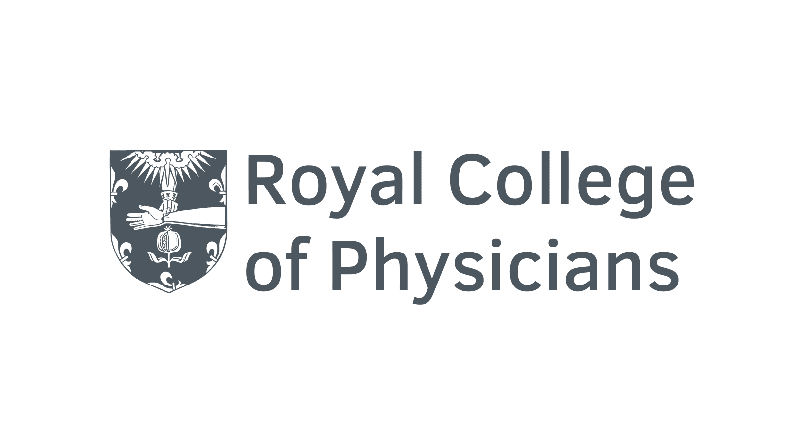 A white background with the words "Royal College of Physicians" in dark grey with a shield logo beside it. The shield logo contains a sun at the top with a hand using two fingers to feel the pulse of an arm.