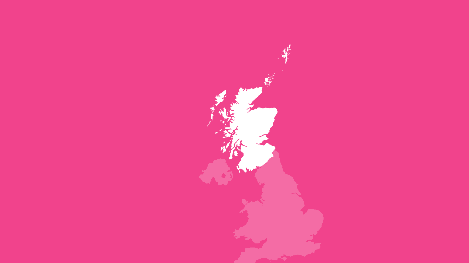 A pink background featuring a white outline of Scotland. The nation is highlighted against a faint, pale-white map of the United Kingdom to show its position within the UK as a whole.
