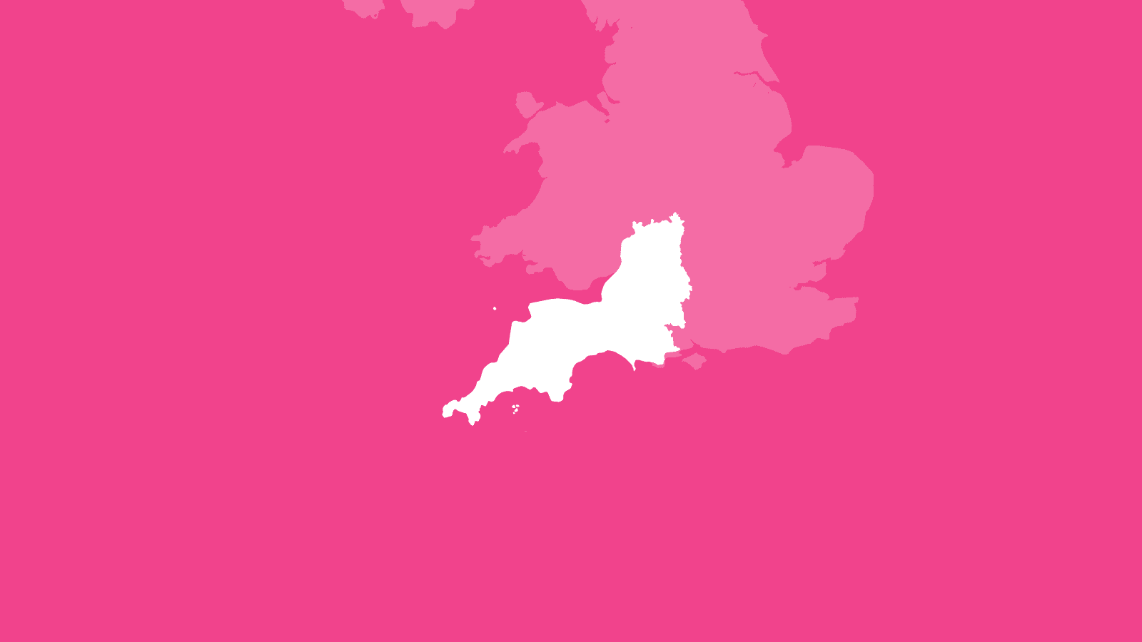 A pink background featuring a white outline of the South West of England. The region is highlighted against a faint, pale-white map of the United Kingdom to show its location within the UK as a whole.