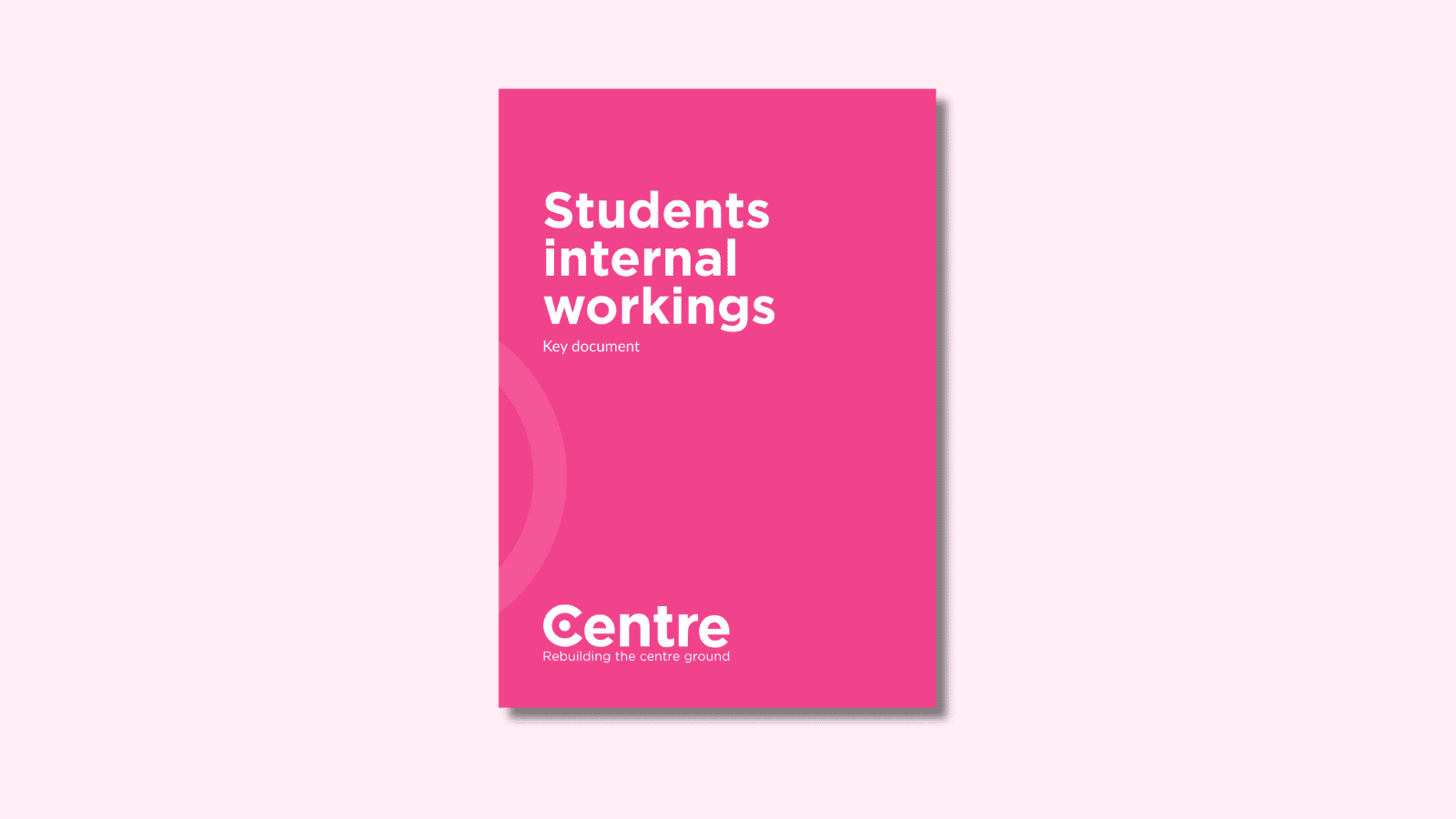 A light pink background with a document cover in pink. On the cover is the title "Students' internal workings" with the sub-title "Key documents". At the bottom of the document cover is the Centre Think Tank logo and “Rebuilding the centre ground" underneath.