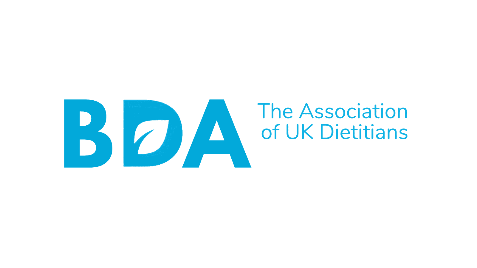 A white background with the words "BDA The Association of UK Dietitians" in blue. In the "D" of the acronym is the outline of a leaf.