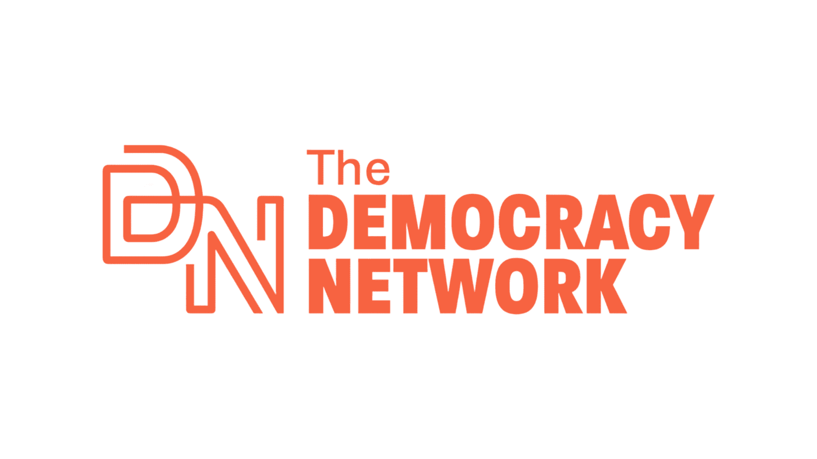 Outlines of the letters "D" and "N" connected together. Next to this are the words "The Democracy Network". All of the writing is in orange on a white background.