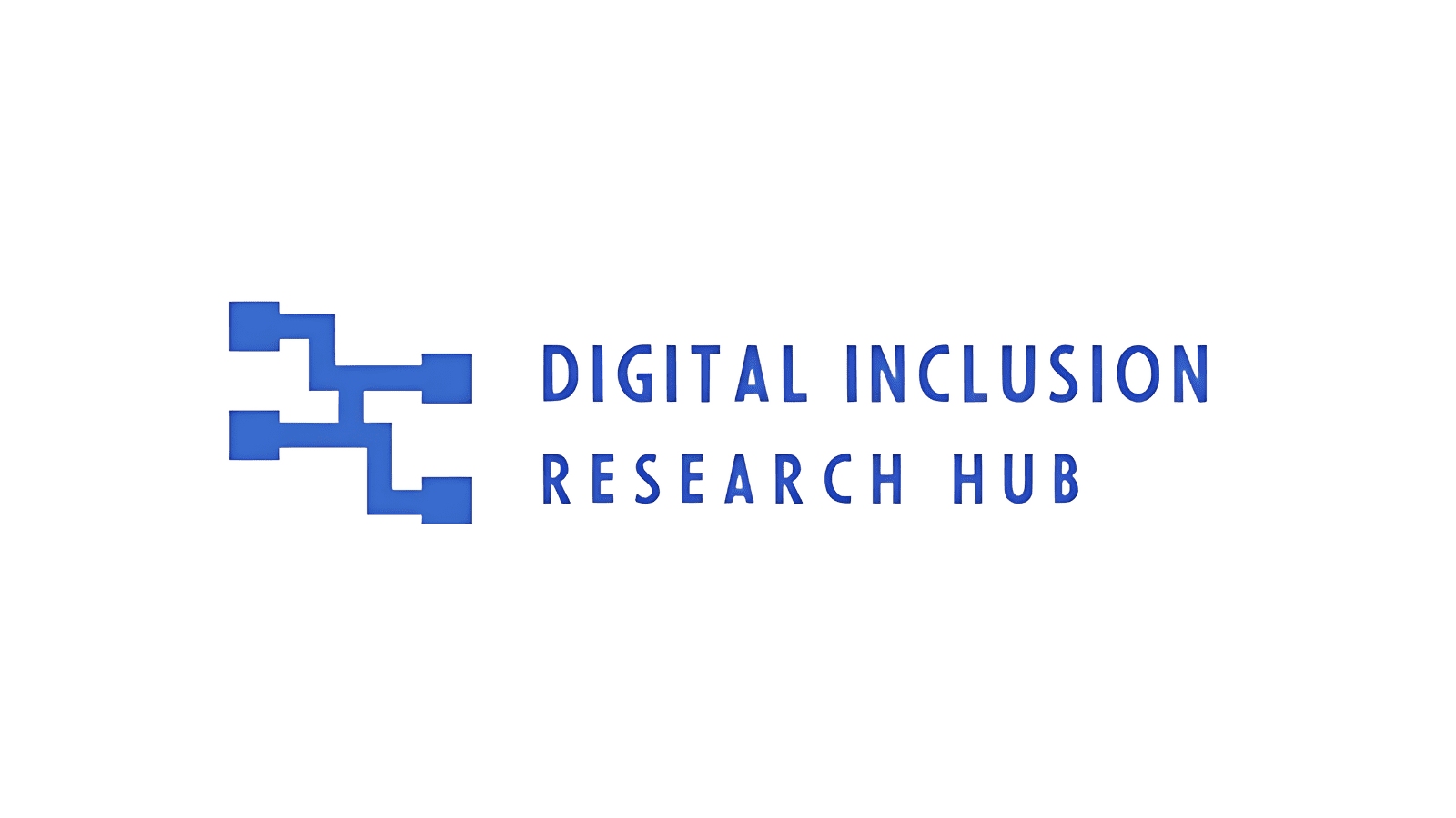 A white background with a blue logo on. The logo is a set of two lines which cross over in the middle and have square ends. Next to this in blue writing are the words "Digital Inclusion Research Hub".