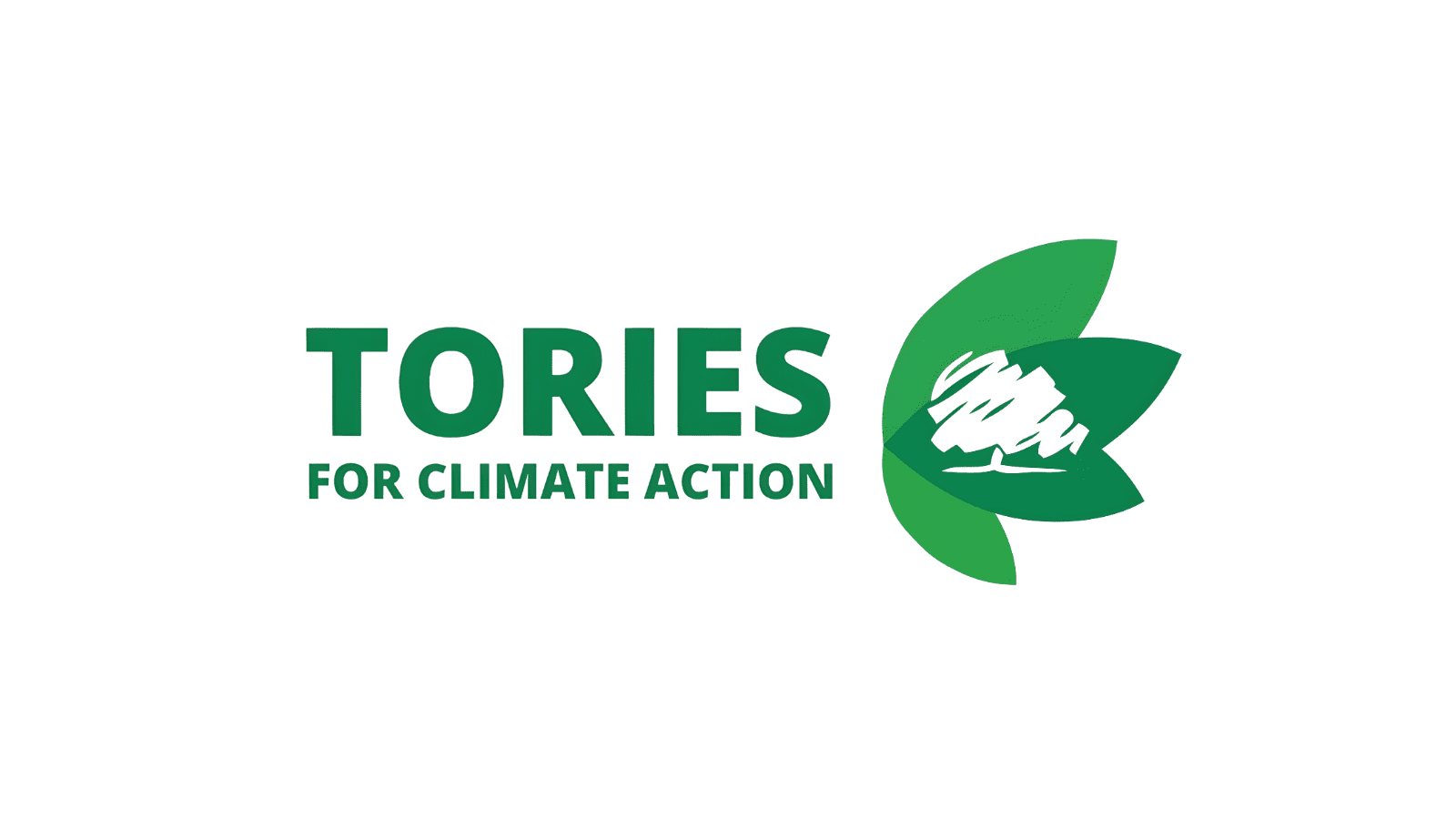 In green writing the words "Tories For Climate Action" and a set of four green leaves alongside this. Ontop of these is the Conservative tree logo in white.