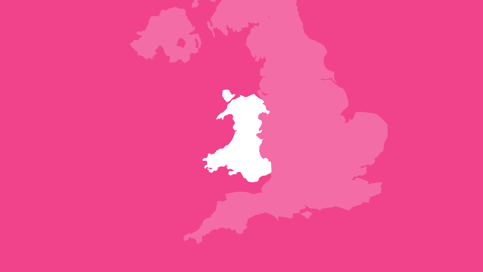 A pink background featuring a white outline of Wales. The nation is highlighted against a faint, pale-white map of the United Kingdom to show its position within the UK as a whole.