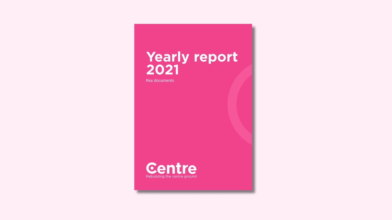 A light pink background with a document cover in pink. On the cover is the title "Yearly report 2021" with the sub-title "Key documents". At the bottom of the document cover is the Centre Think Tank logo and “Rebuilding the centre ground" underneath.