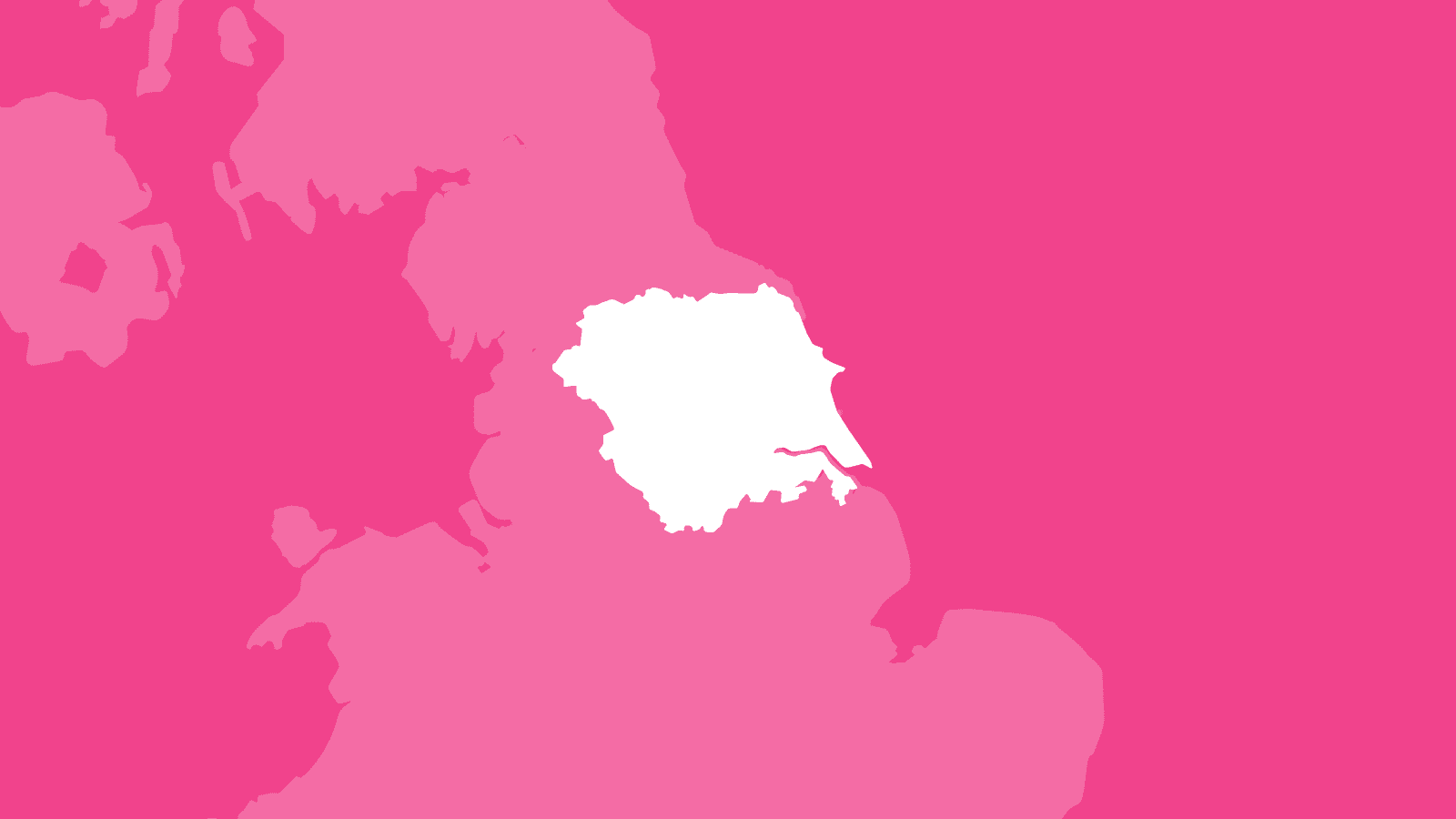 A pink background featuring a white outline of the Yorkshire and the Humber region of England. The region is highlighted against a faint, pale-white map of the United Kingdom to show its location within the UK as a whole.