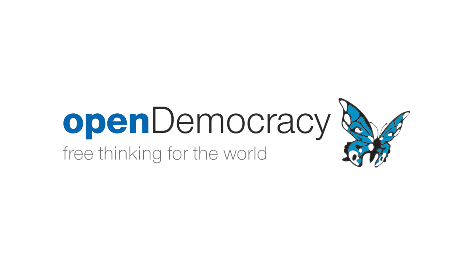 The words "openDemocracy free thinking for the world" with the word "open" in dark blue. Next to this is a butterfly in blue, black and white.