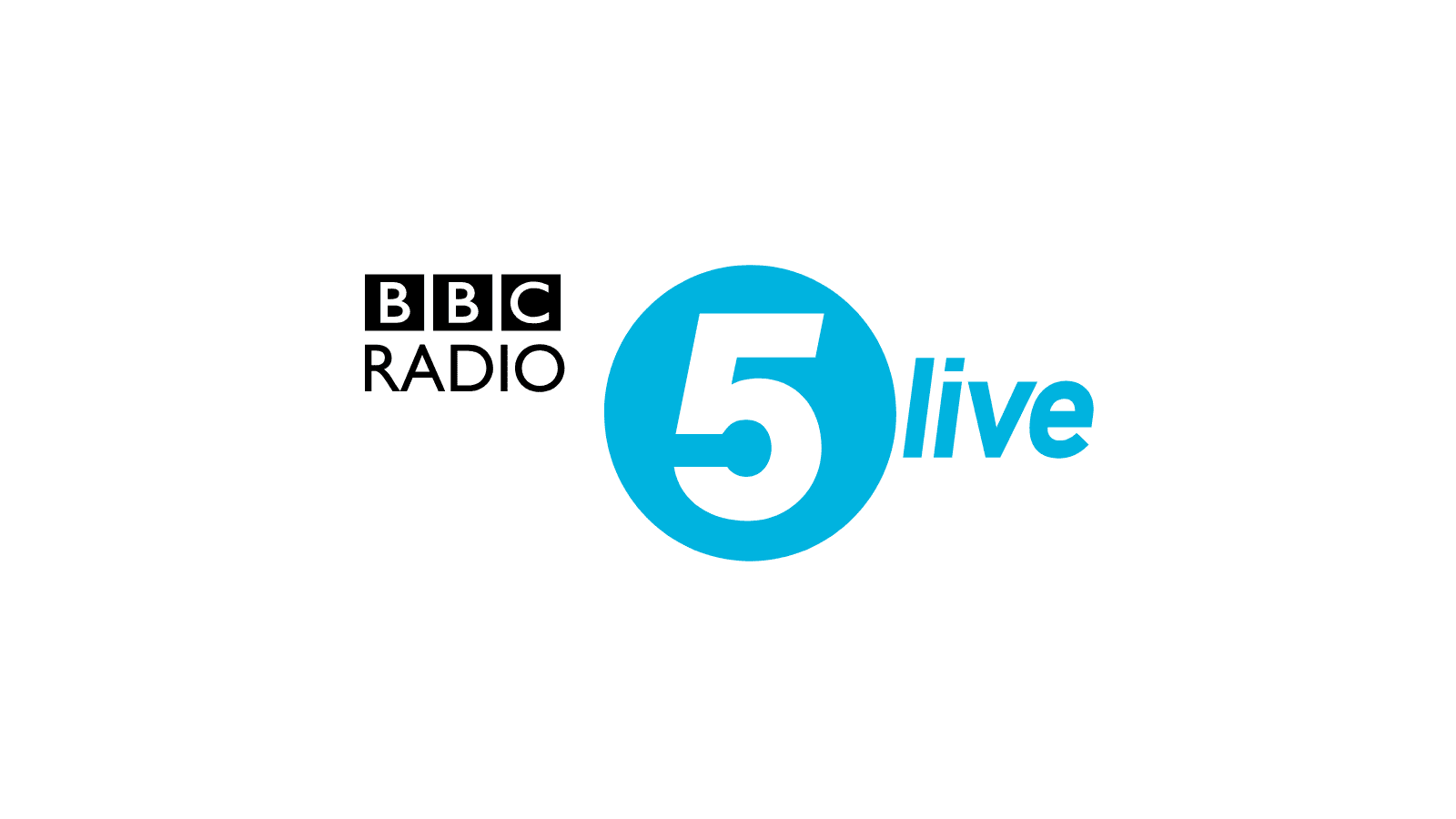 A white background with the BBC logo, with each letter contained in a black box. Under this is the word "Radio" in black. Beside this is the number "5" contained in a blue circle written in white, and next to this the word "live".