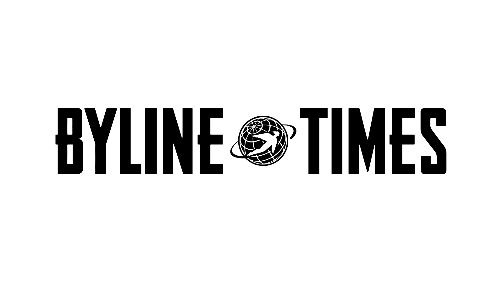 A white background with the words "Byline Times" and between these words is a globe with a figure circling it.