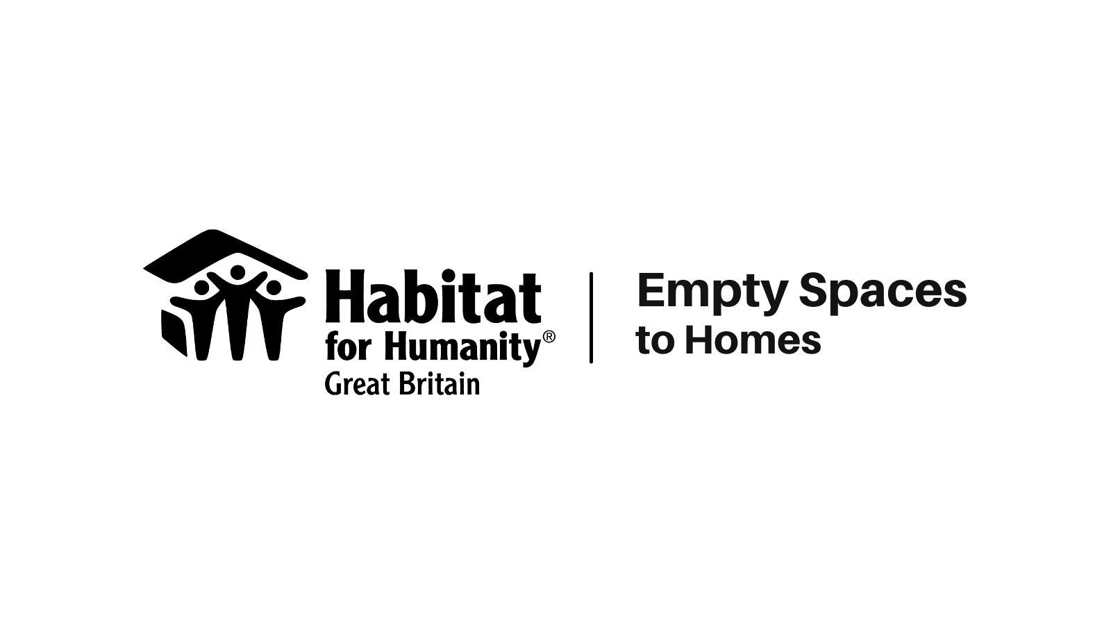 A white background with a black outline of a roof being held up by three people and alongside this are the words "Habitat for Humanity® Great Britain". Next to this is a black line and the words "Empty Spaces to Homes"